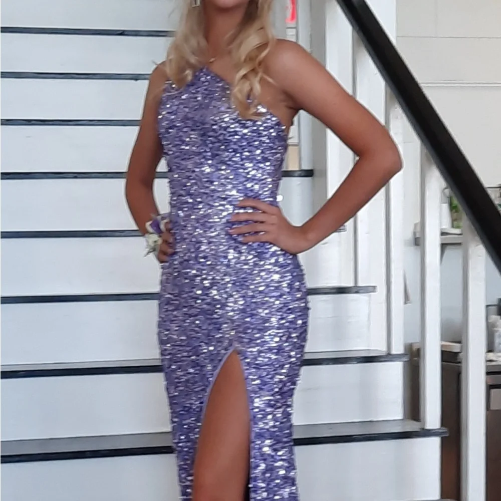 Sherri Hill One Shoulder Lavender Sequin Dress - Picture 2 of 6